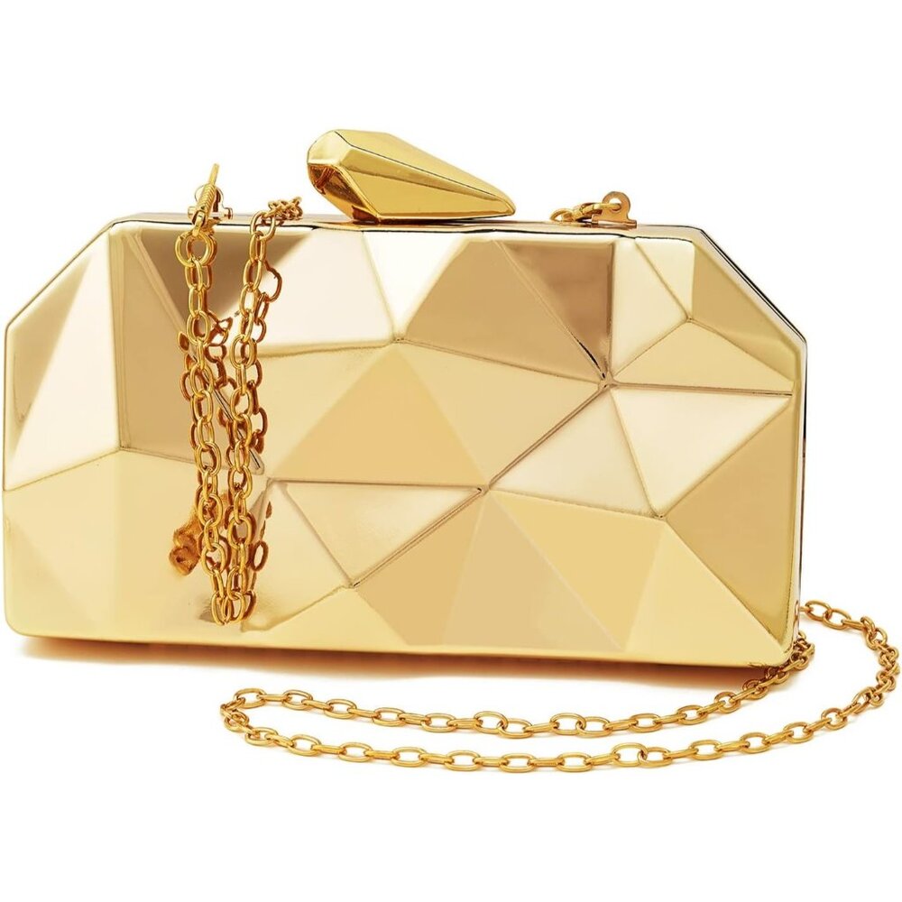 Women Lattice Pattern Metal Evening Clutch Bag Geometric With Chain Strap